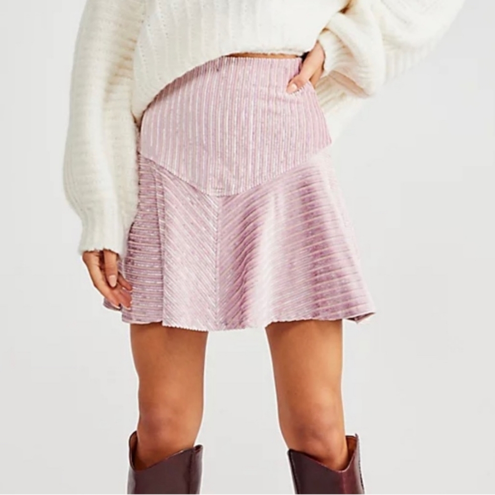 Free People MD Camden Mini Skirt Pink Ribbed Velvet NWOT #M28 - Picture 2 of 10